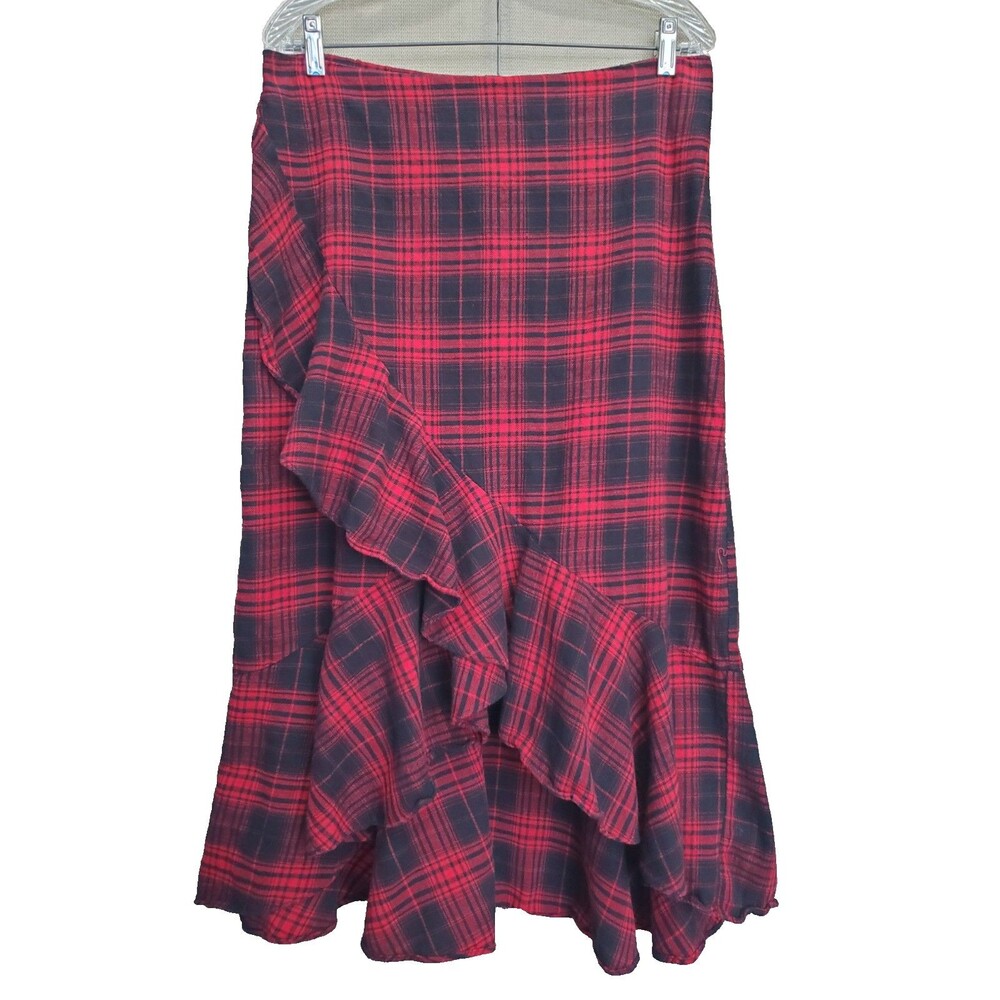 Soprano Red Plaid Ruffle Faux Wrap Side-Zip Midi Skirt Size XL